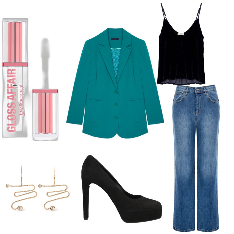 Outfit donna - Only gloss. Stile Casual chic per Tutti i giorni. Abbinamento con gloss, blazer, jeans, canottiere, décolleté, orecchini.
