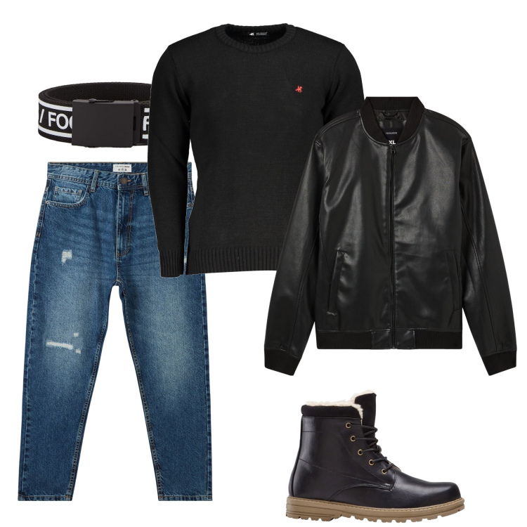Outfit uomo - Giubbino in ecopelle. Stile Urban per Tutti i giorni. Abbinamento con stivali e stivaletti, cinture, jeans strappati, bomber, maglieria.
