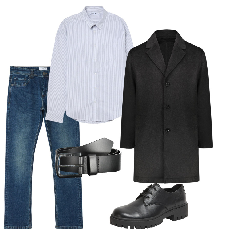 Outfit uomo - Cappotto con i jeans. Stile Trendy per Tutti i giorni. Abbinamento con camicie, scarpe stringate, jeans dritti, cappotti, cinture.