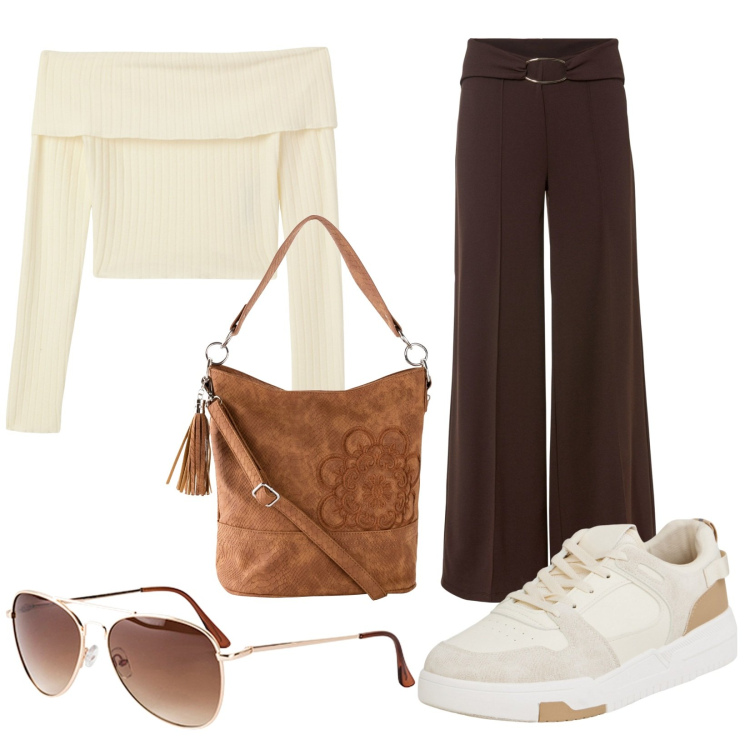 Outfit donna - Easy in the city. Stile Casual per Tutti i giorni. Abbinamento con sneakers, maglieria, borse a mano, occhiali da sole, pantaloni a palazzo.
