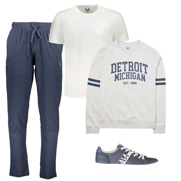 Outfit uomo - Domenica relax. Stile Urban per Tutti i giorni. Abbinamento con felpe, pantaloni, sneakers, t-shirt.