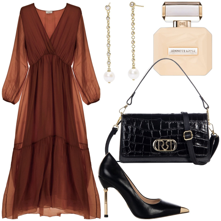 Outfit donna - Total look #1967164. Stile Chic per Cerimonia. Abbinamento con profumi, orecchini, décolleté, borse a tracolla, vestiti lunghi.