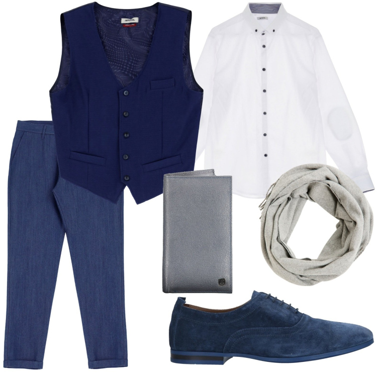 Outfit uomo - Serata in compagnia. Stile Urban per Serata speciale. Abbinamento con scarpe stringate, sciarpe, gilet, jeans slim fit, camicie, portafogli.