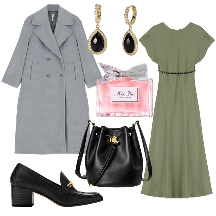 Outfit donna - Total look #1967170. Stile Casual chic per Tutti i giorni. Abbinamento con profumi, orecchini, vestiti, cappotti, décolleté, borse a secchiello.