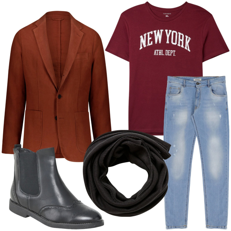 Outfit uomo - Giacca e jeans. Stile Urban per Serata speciale. Abbinamento con t-shirt, sciarpe, stivali e stivaletti, jeans slim fit, giacche.