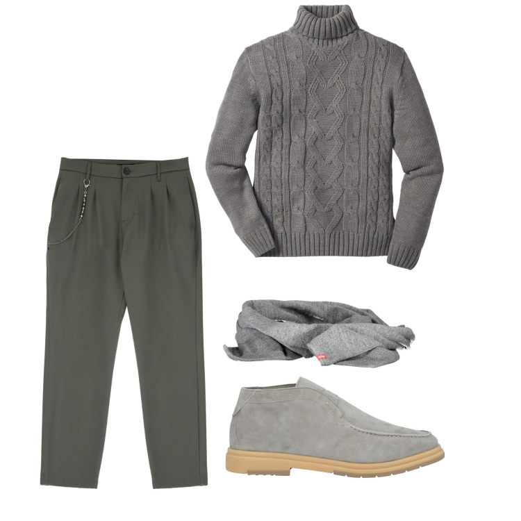 Outfit uomo - Grigio luminoso. Stile Casual per Tutti i giorni. Abbinamento con maglieria, stivali e stivaletti, pantaloni, sciarpe.