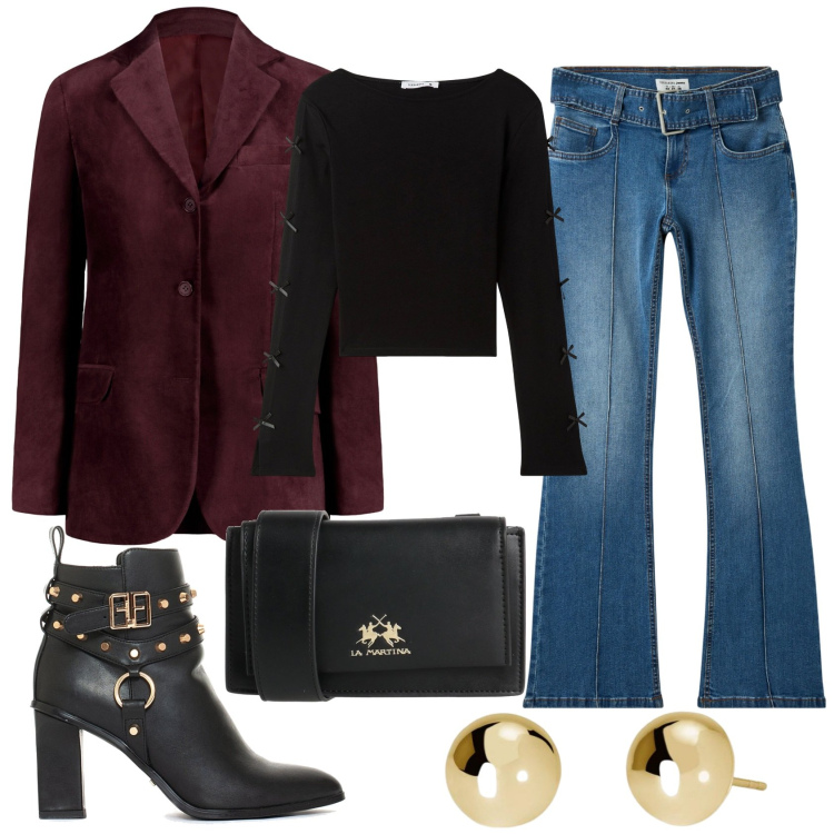 Outfit donna - Il Blazer bordeaux. Stile Casual per Ufficio. Abbinamento con borse a tracolla, orecchini, t-shirt, jeans a zampa, stivaletti, blazer.