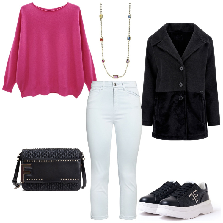 Outfit donna - L\'outfit in saldo!. Stile Casual per Tutti i giorni. Abbinamento con pantaloni, collane, sneakers, borse a tracolla, cappotti, maglieria.