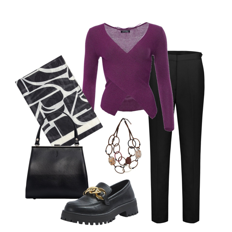 Outfit donna - In ufficio. Stile Casual chic per Ufficio. Abbinamento con mocassini, maglieria, pantaloni, clutch, foulard, collane.