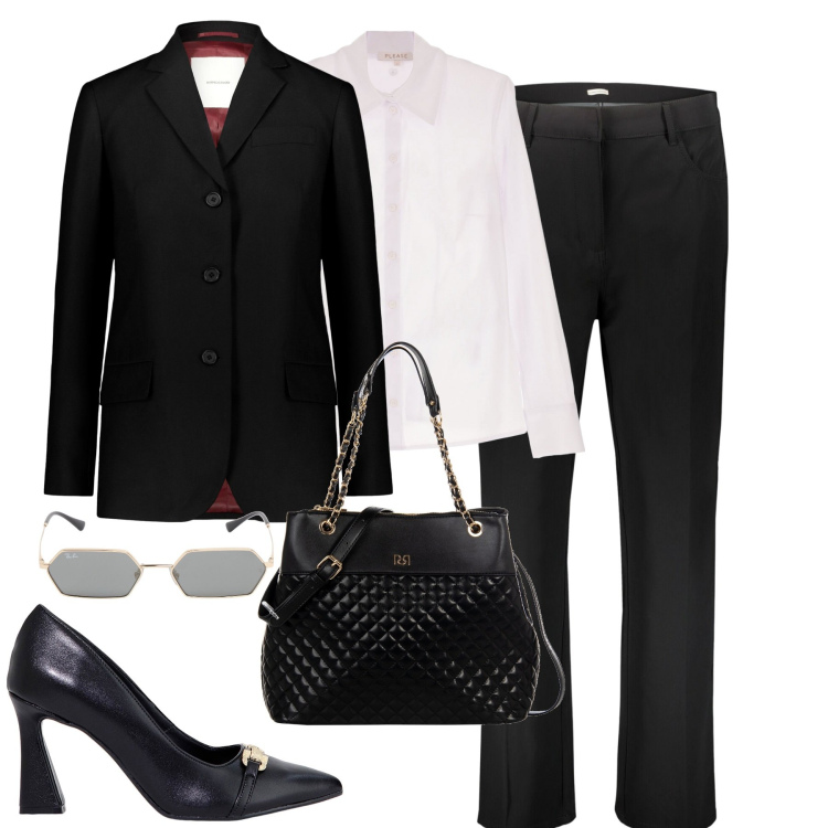 Outfit donna - Business. Stile Urban per Tutti i giorni. Abbinamento con shopping bag, camicie, stivaletti, blazer, pantaloni, occhiali da sole.