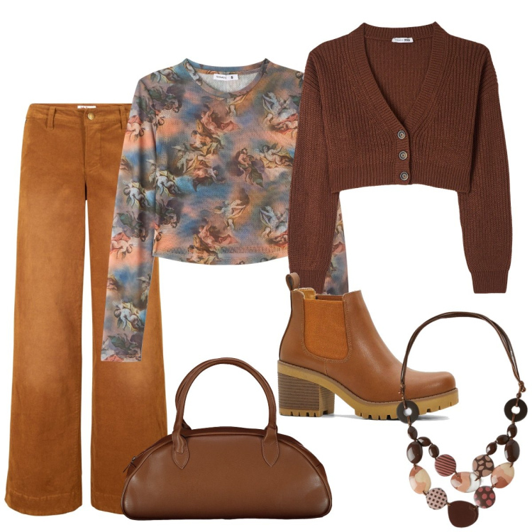 Outfit donna - Autunno comfy. Stile Trendy per Tutti i giorni. Abbinamento con pantaloni, stivaletti chelsea, t-shirt, cardigans, collane, borse a spalla.