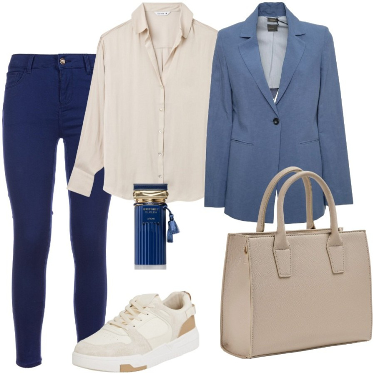 Outfit donna - Total look #1967261. Stile Casual per Scuola/Università. Abbinamento con sneakers, shopping bag, camicie, profumi, jeans skinny, blazer.