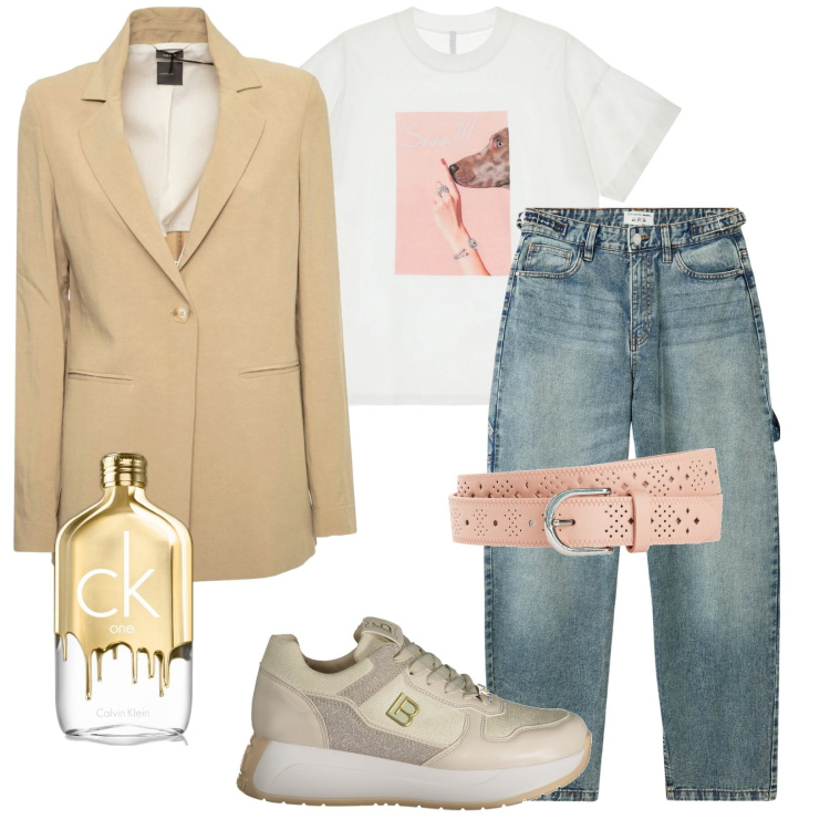 Outfit donna - Total look #1967318. Stile Casual per Tutti i giorni. Abbinamento con cinture, profumi, jeans, t-shirt, sneakers, blazer.