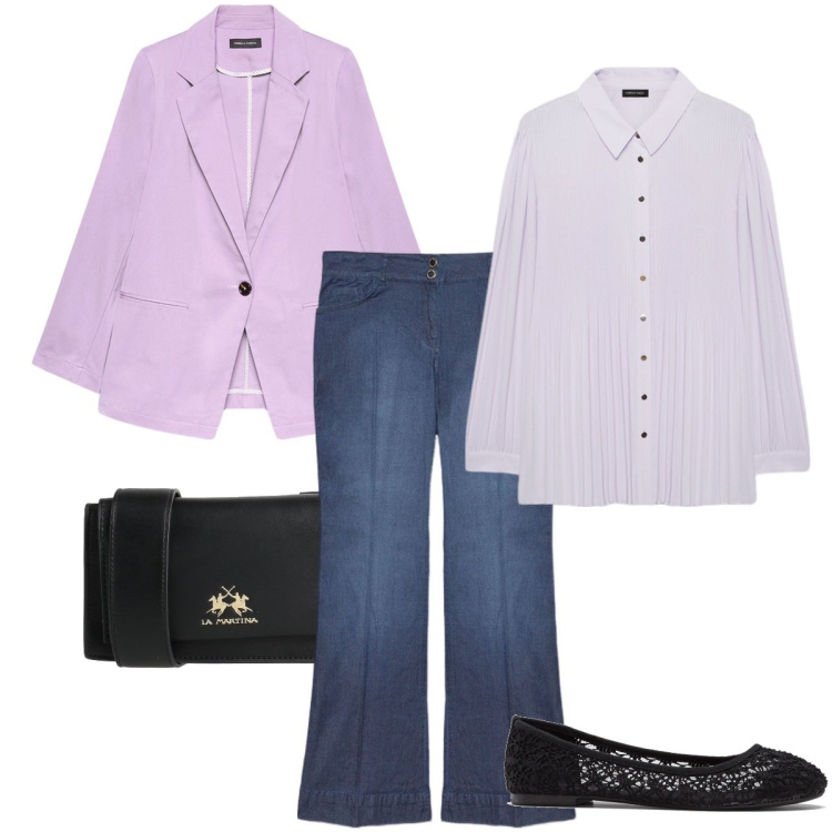 Outfit donna - Il blazer lilla. Stile Bon Ton per Ufficio. Abbinamento con ballerine, borse a tracolla, camicie, jeans, blazer.