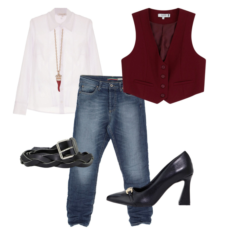 Outfit donna - Red passion. Stile Casual per Ufficio. Abbinamento con camicie, jeans, gilet, collane, stivaletti, cinture.