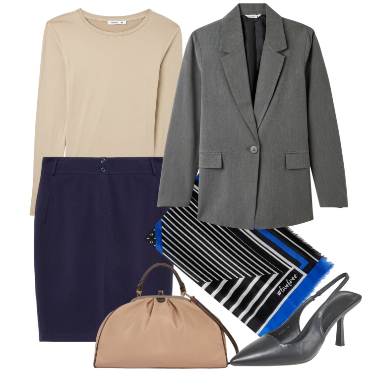 Outfit donna - Blazer a settembre. Stile Bon Ton per Ufficio. Abbinamento con blazer, décolleté, t-shirt, gonne, foulard, borse a spalla.