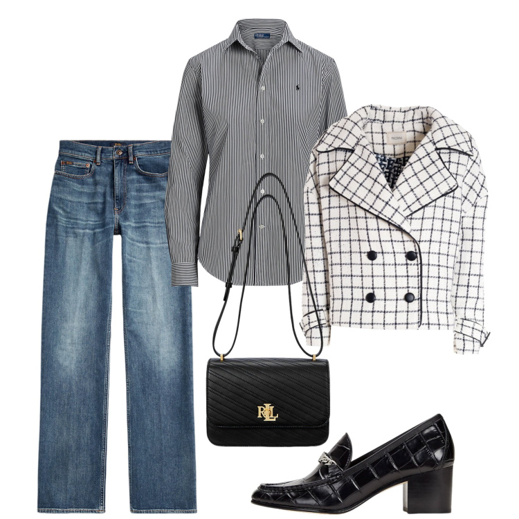 Outfit donna - Righe e quadri. Stile Casual chic per Ufficio. Abbinamento con blazer, camicie, jeans dritti, décolleté, borse a spalla.