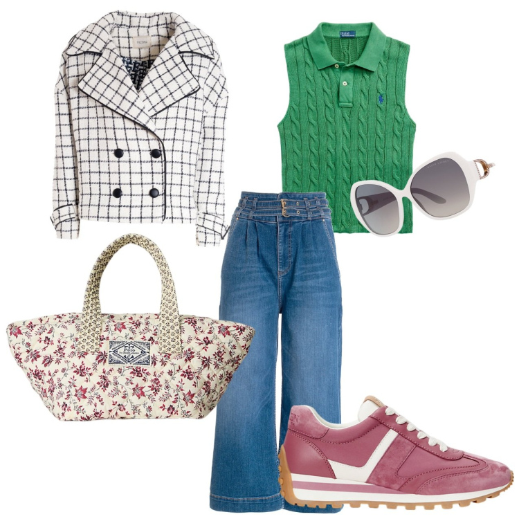 Outfit donna - Quadri per settembre. Stile Glamour per Tutti i giorni. Abbinamento con jeans, blazer, occhiali da sole, sneakers, borse tote, polo.