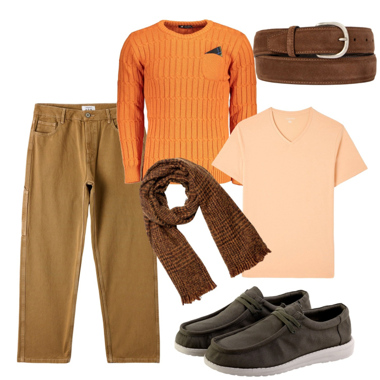 Outfit uomo - Weekend di ottobre. Stile Casual per Tutti i giorni. Abbinamento con pantaloni, t-shirt, sciarpe, scarpe stringate, cinture, maglieria.