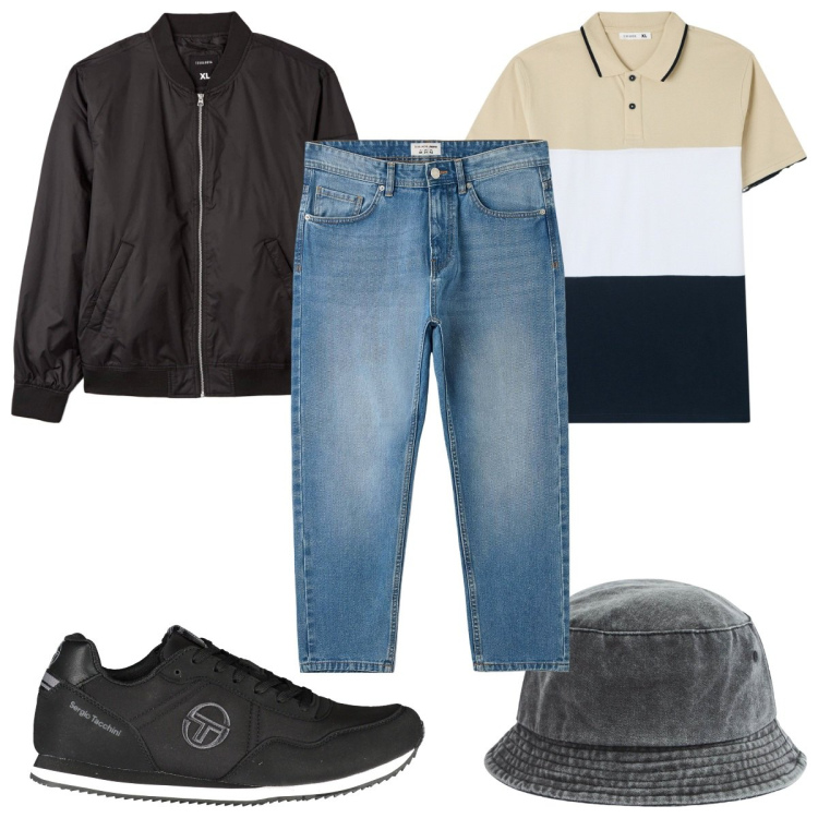 Outfit uomo - Total look #1967390. Stile Trendy per Tutti i giorni. Abbinamento con cappelli, polo, bomber, jeans, scarpe sportive.