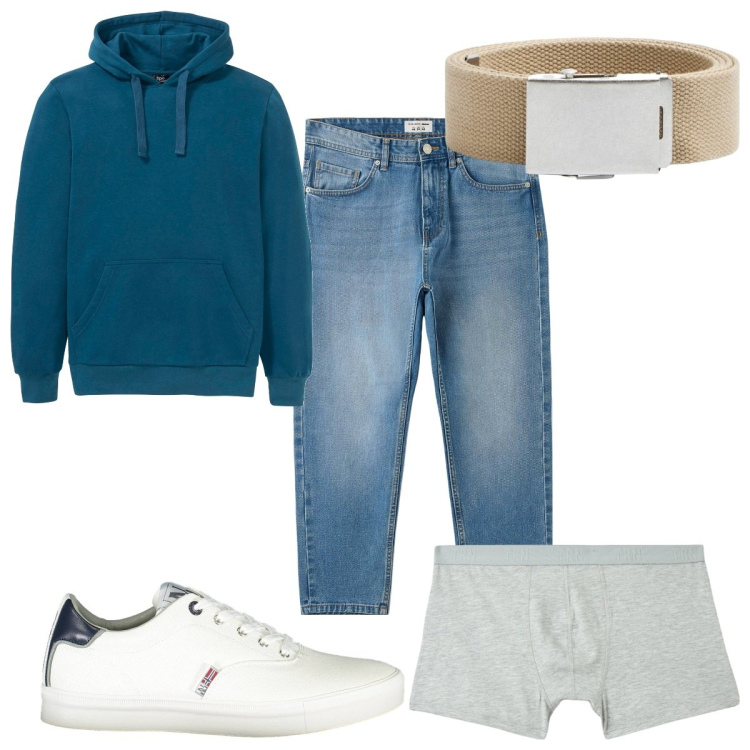 Outfit uomo - Total look #1967392. Stile Trendy per Tutti i giorni. Abbinamento con felpe con cappuccio, jeans, cinture, boxer, scarpe sportive.