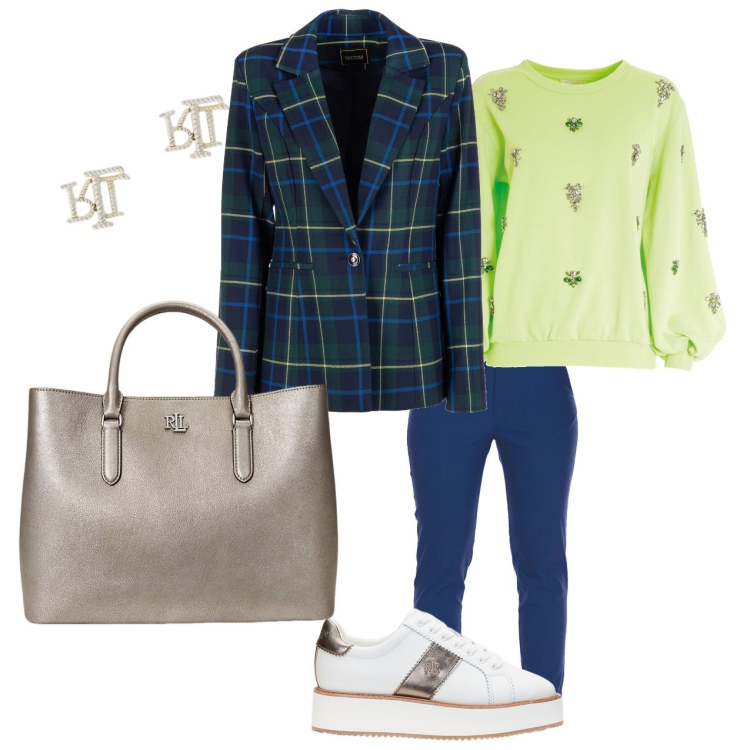 Outfit donna - Un quadro di blazer. Stile Casual chic per Tutti i giorni. Abbinamento con felpe, blazer, orecchini, sneakers, borse a mano, pantaloni.