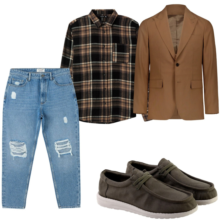 Outfit uomo - Camicia a quadri e jeans. Stile Casual per Tutti i giorni. Abbinamento con jeans strappati, camicie, abiti, scarpe stringate.
