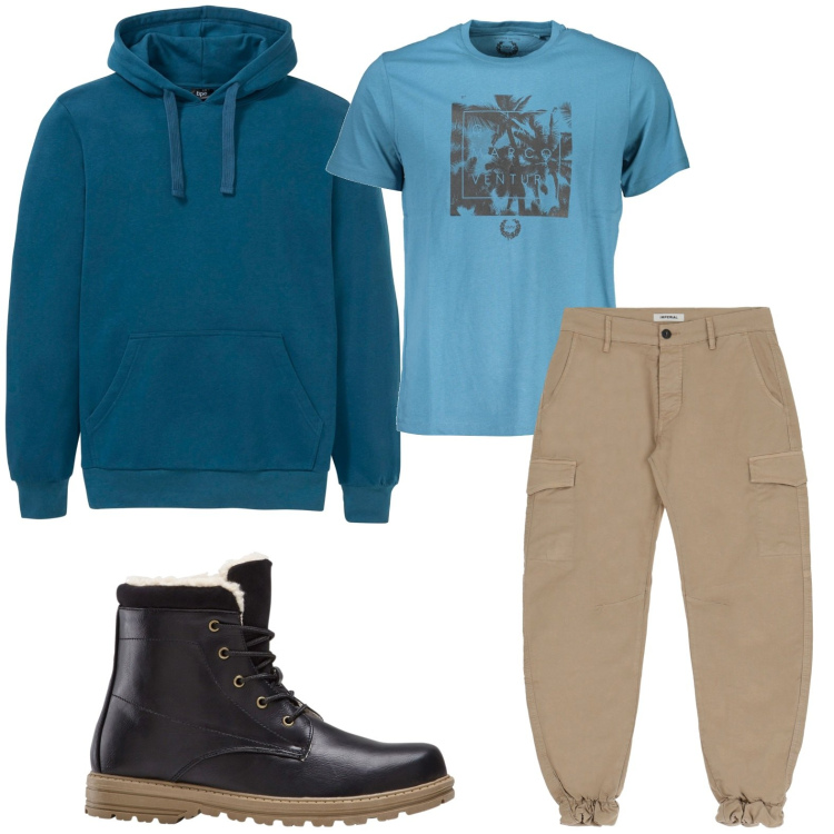 Outfit uomo - Felpa ottanio. Stile Casual per Tutti i giorni. Abbinamento con felpe con cappuccio, stivali e stivaletti, pantaloni, t-shirt.