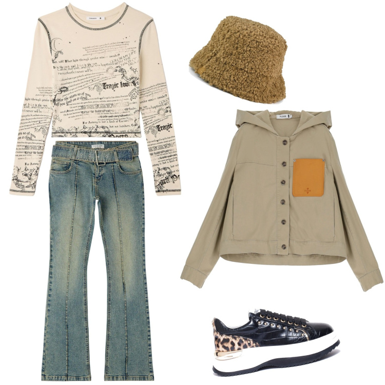Outfit donna - Trendy con i saldi. Stile Trendy per Tutti i giorni. Abbinamento con jeans a zampa, t-shirt, sneakers, blazer, cappelli.