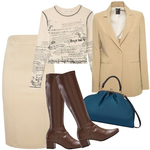 Outfit donna - Completo da ufficio autunnale. Stile Bon Ton per Ufficio. Abbinamento con stivali, t-shirt, gonne, blazer, borse a spalla.
