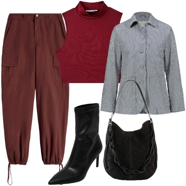Outfit donna - Autumn vibe. Stile Casual per Ufficio. Abbinamento con borse a mano, stivaletti, top, pantaloni cargo, blazer.