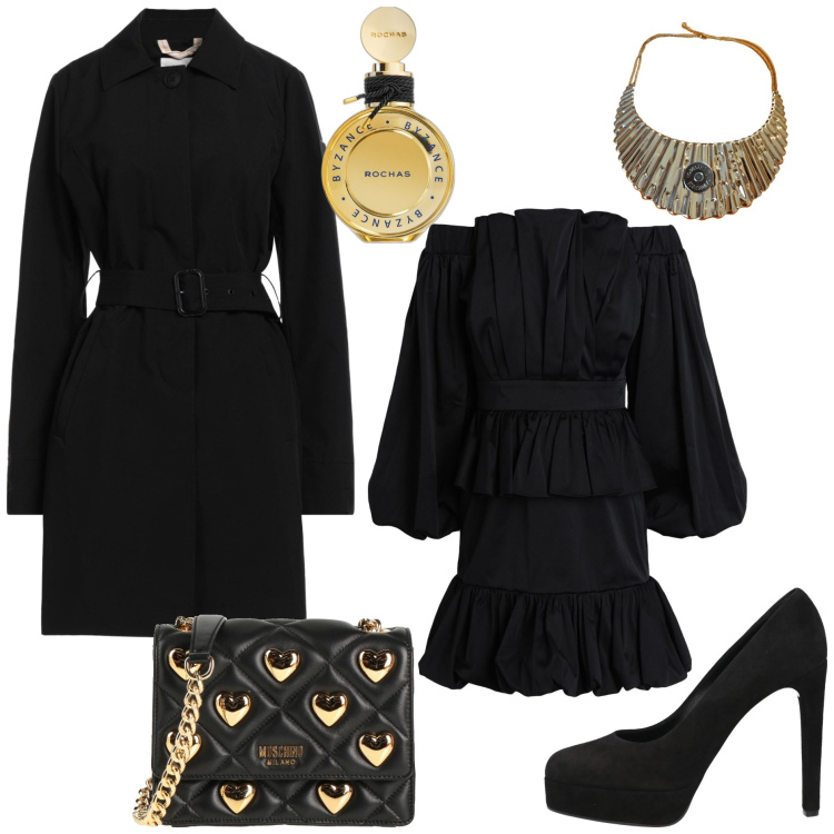 Outfit donna - Serata a teatro. Stile Glamour per Serata fuori. Abbinamento con vestiti corti, trench, décolleté, borse a tracolla, profumi, collane.