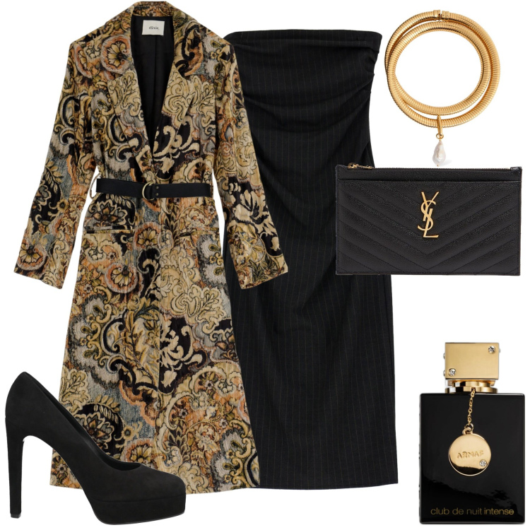 Outfit donna - Evento. Stile Glamour per Serata fuori. Abbinamento con décolleté, profumi, trench, vestiti midi/longuette, pochette, collane.