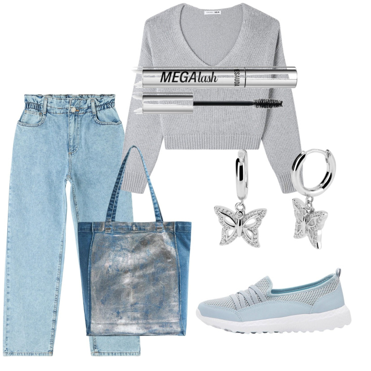 Outfit donna - Argento in jeans. Stile Trendy per Tutti i giorni. Abbinamento con sneakers, mascara, jeans, maglieria, shopping bag, orecchini.
