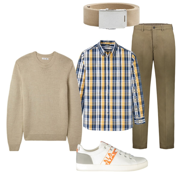 Outfit uomo - Semplice. Stile Casual per Tutti i giorni. Abbinamento con camicie, maglieria, cinture, sneakers, pantaloni.