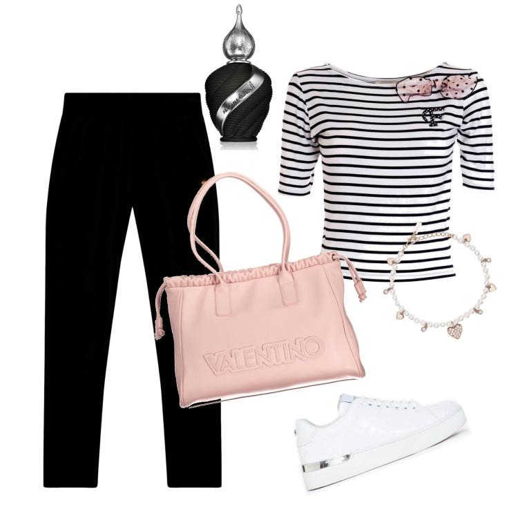 Outfit donna - Shopping con le amiche. Stile Casual chic per Tutti i giorni. Abbinamento con profumi, braccialetti, t-shirt, sneakers, pantaloni, borse a spalla.