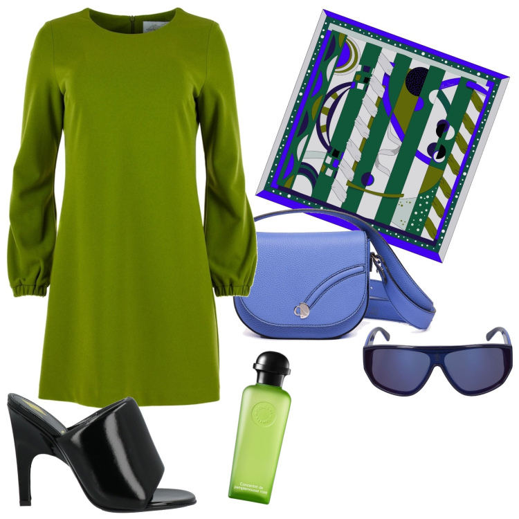 Outfit donna - Verde autunno. Stile Sporty chic per Serata fuori. Abbinamento con sandali, profumi, vestiti midi/longuette, occhiali da sole, borse a tracolla, foulard.