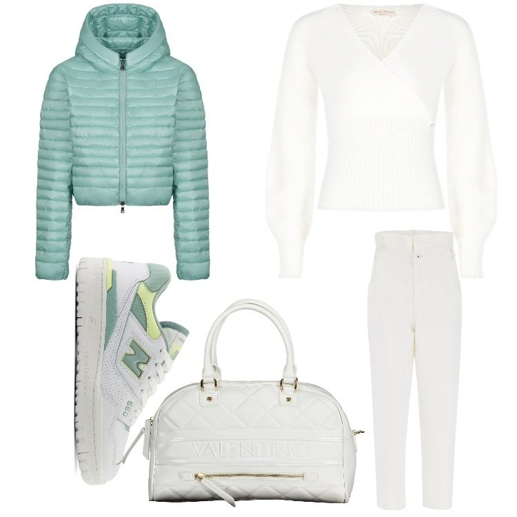 Outfit donna - Mi metto il giubbotto. Stile Sporty chic per Ufficio. Abbinamento con sneakers, maglieria, jeans, piumini, borse a spalla.
