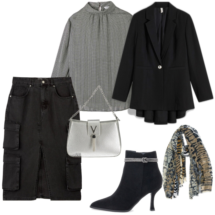 Outfit donna - Gonna cargo midi Nero denim. Stile Casual chic per Serata fuori. Abbinamento con blazer, bluse, gonne longuette, stivaletti, sciarpe, borse a spalla.