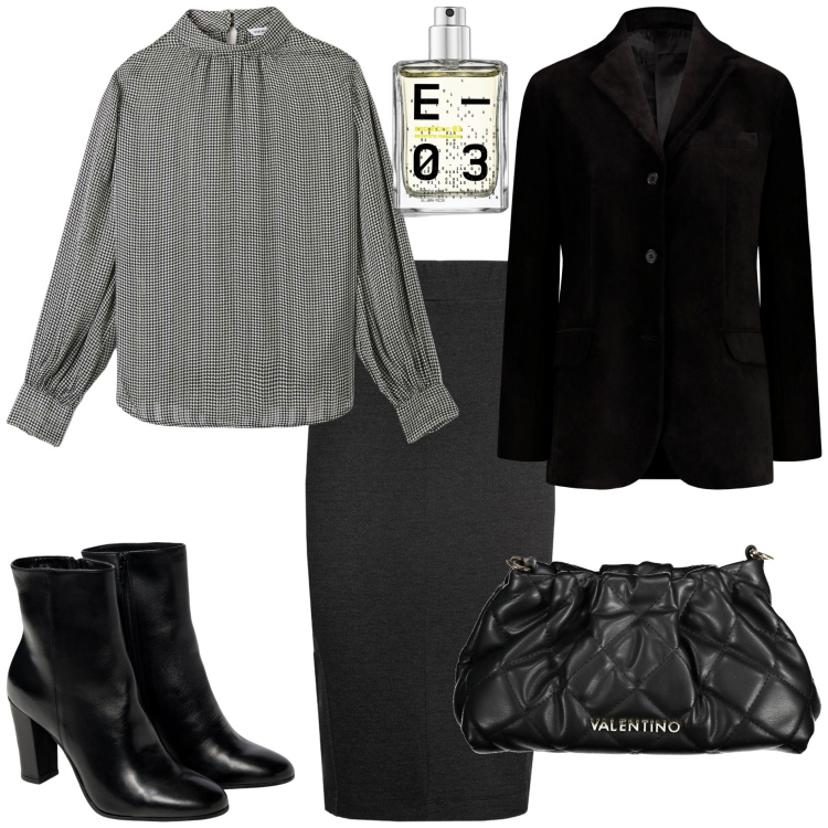 Outfit donna - Ufficio mid season sale. Stile Basic per Ufficio. Abbinamento con profumi, bluse, blazer, gonne lunghe, borse a mano, stivaletti.