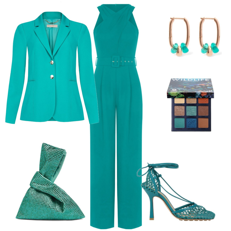 Outfit donna - Cerimonia turquoise. Stile Casual chic per Cerimonia. Abbinamento con décolleté, ombretti, tute, blazer, borse a mano, orecchini.