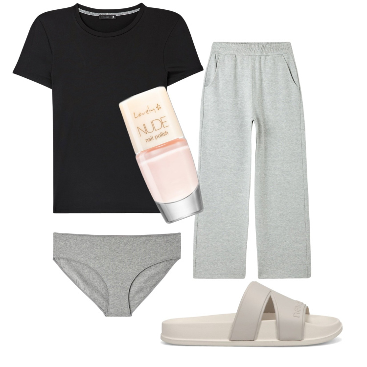 Outfit donna - Basic a casa. Stile Basic per Tutti i giorni. Abbinamento con smalti, pantaloni, pigiama, culotte, sandali.