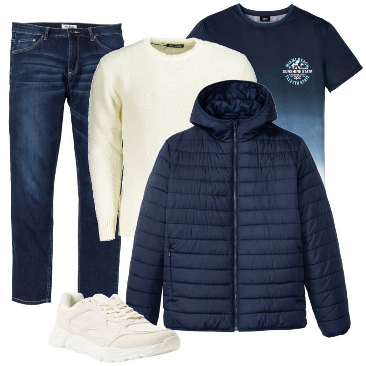 Outfit uomo - Denim Bonprix. Stile Trendy per Tutti i giorni. Abbinamento con jeans, t-shirt, giacche, sneakers, maglieria.