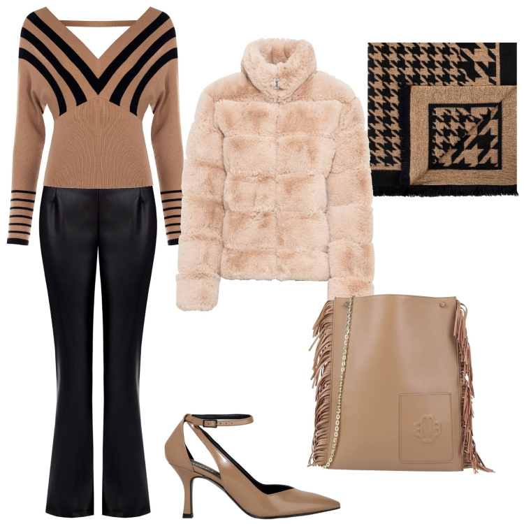 Outfit donna - Una serata con gli amici. Stile Casual chic per Serata fuori. Abbinamento con ecopellicce, borse a tracolla, décolleté, maglieria, pantaloni, sciarpe.