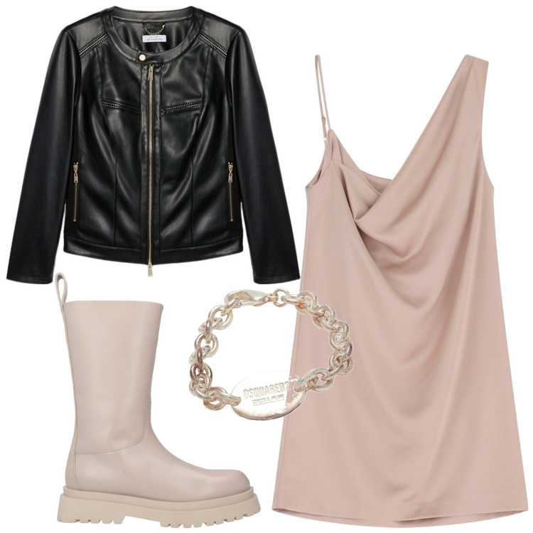 Outfit donna - Vestito asimmetrico. Stile Chic per Serata fuori. Abbinamento con stivali, braccialetti, vestiti asimmetrici, blazer.