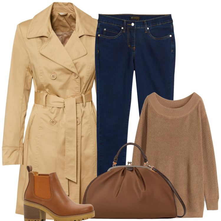 Outfit donna - Piove piove. Stile Basic per Tutti i giorni. Abbinamento con stivaletti chelsea, jeans dritti, trench, maglieria, borse a spalla.