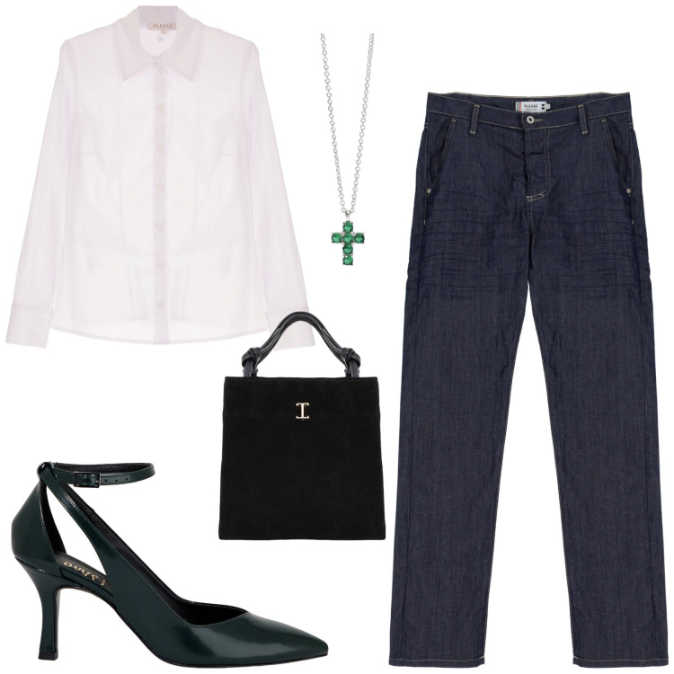 Outfit donna - Green denim. per Ufficio. Abbinamento con camicie, jeans dritti, ciondoli, shopping bag, décolleté.