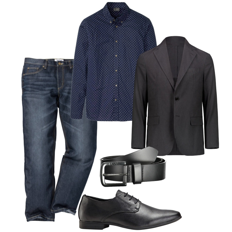 Outfit uomo - Blu e moro. Stile Casual per Tutti i giorni. Abbinamento con scarpe stringate, jeans dritti, camicie, giacche, cinture.