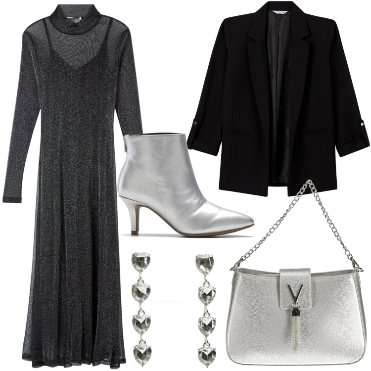 Outfit donna - Silver. Stile Glamour per Serata fuori. Abbinamento con stivaletti, blazer, orecchini, vestiti lunghi, borse a spalla.