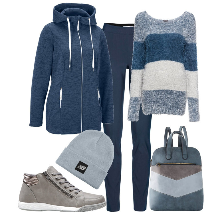 Outfit donna - City. Stile Casual per Tutti i giorni. Abbinamento con sneakers alte, pantaloni, maglieria, zaini, blazer, berretti.